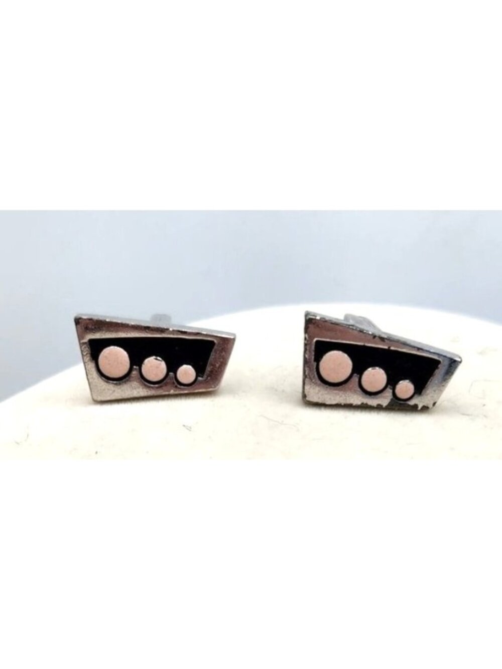 Vintage Retro Metal Cuff Links Black With Pink Polka Dots - Silver Tone